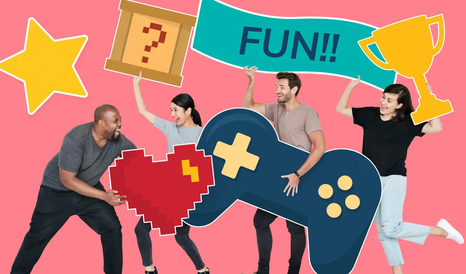 Playful diverse people holding gaming icons