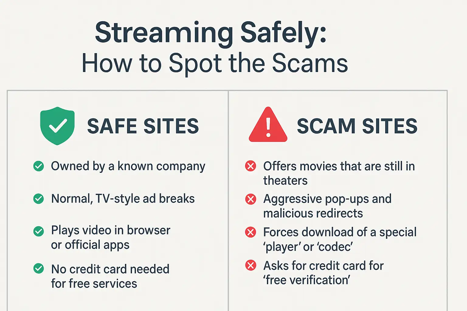 A comparison table showing the key differences between safe streaming sites and scam streaming sites in 2025. A comparison table showing the key differences between safe streaming sites and scam streaming sites in 2025.