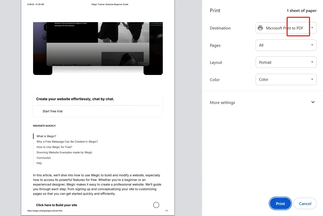 select "save as pdf" for the print target