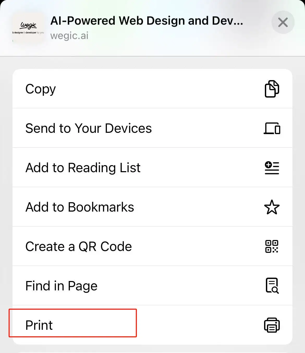 swipe down in the pop-up menu to find the "print" icon