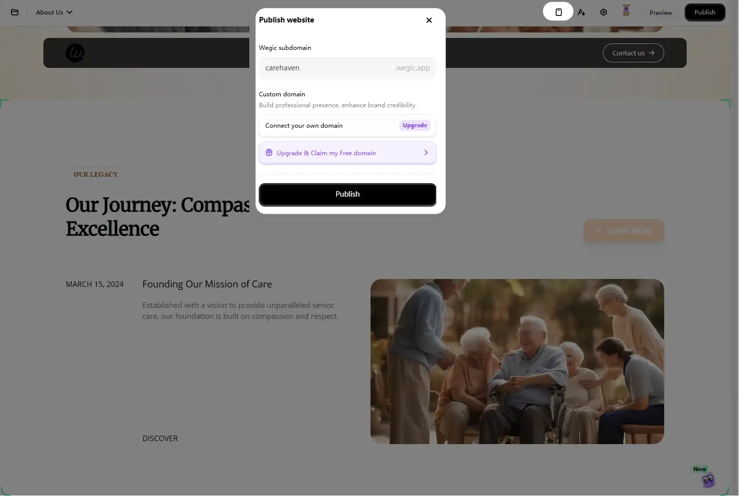 one-click publishing to the website with the custom domain