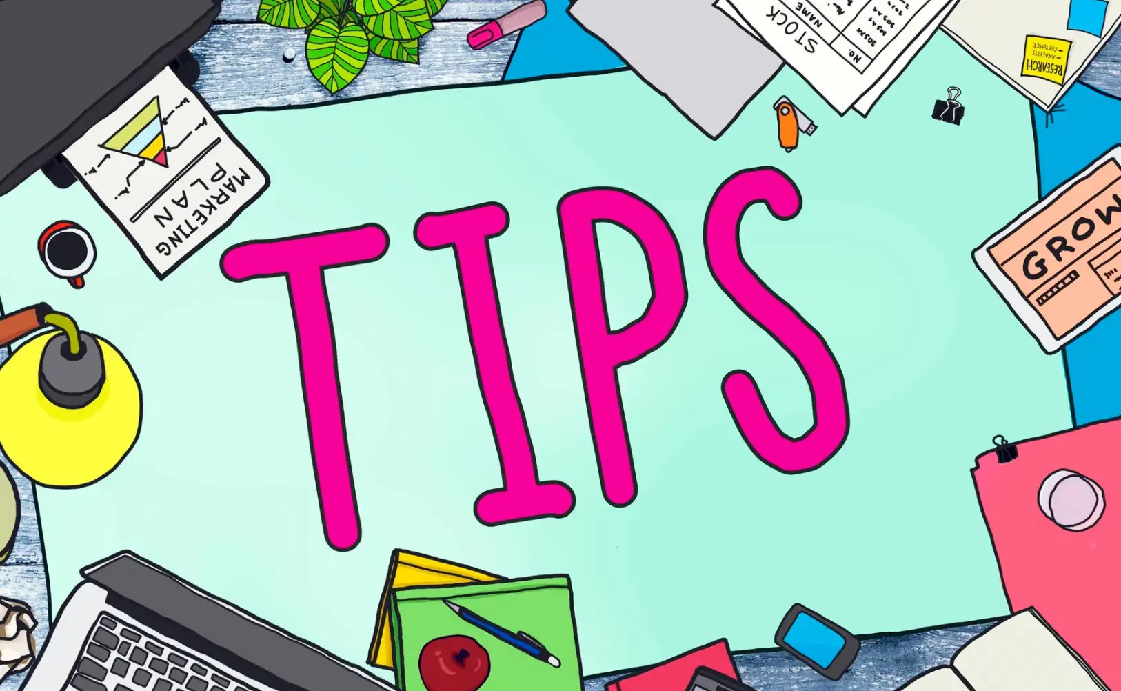 Tips, a laptop, a printer and several documents