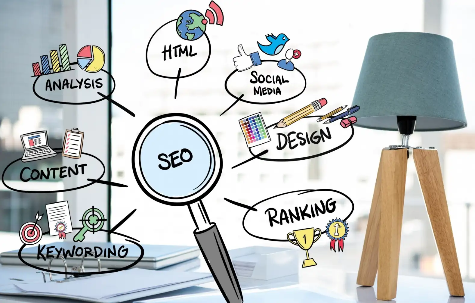 A magnifying glass with SEO concepts