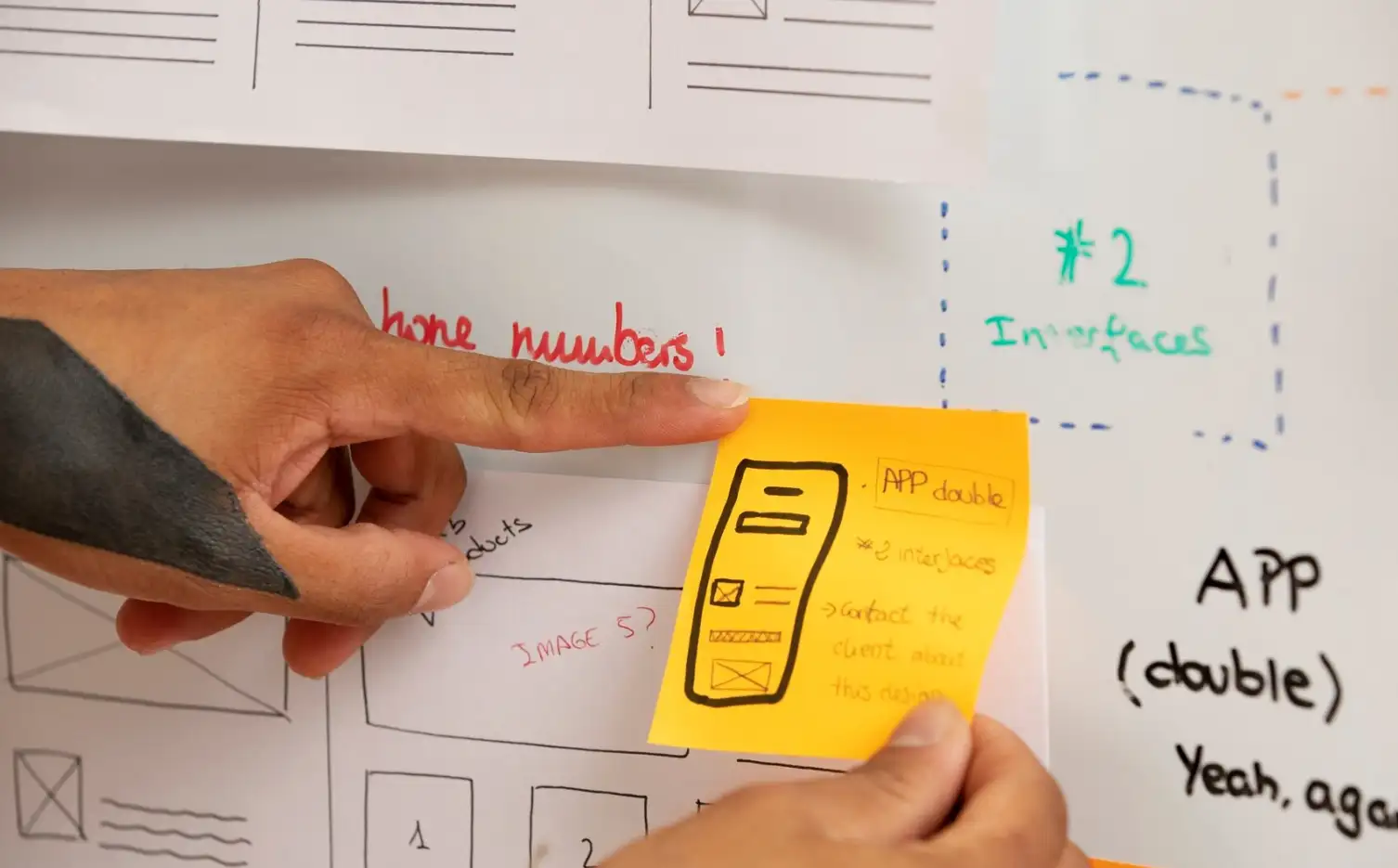 Sticky notes with website design on a white board