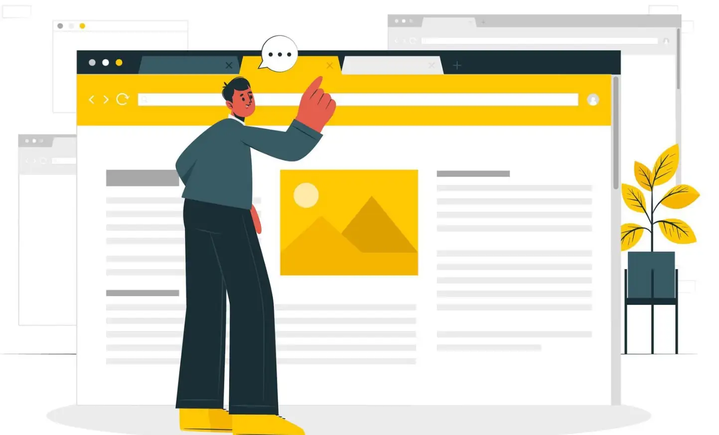 A character point at a webpage against multiple website background