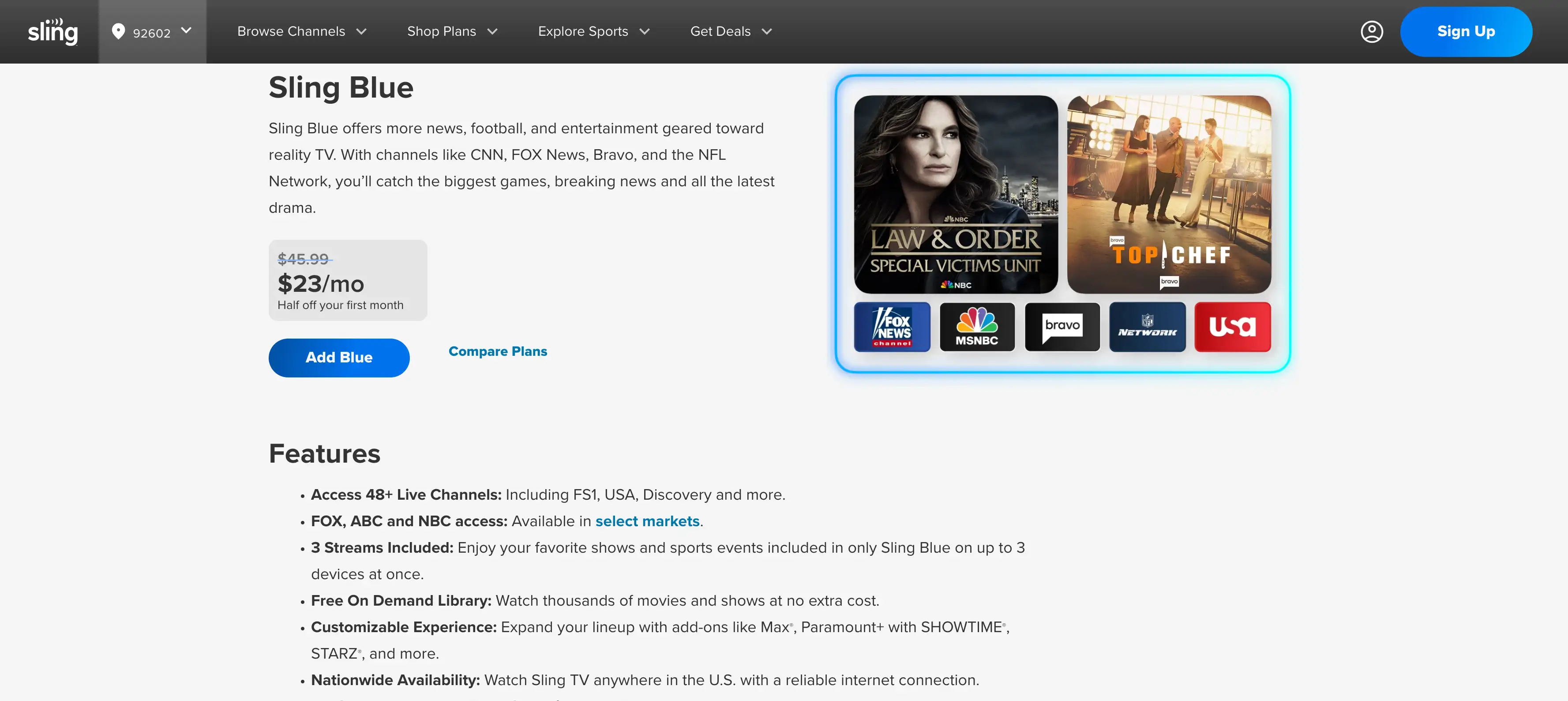 sling blue tv plan