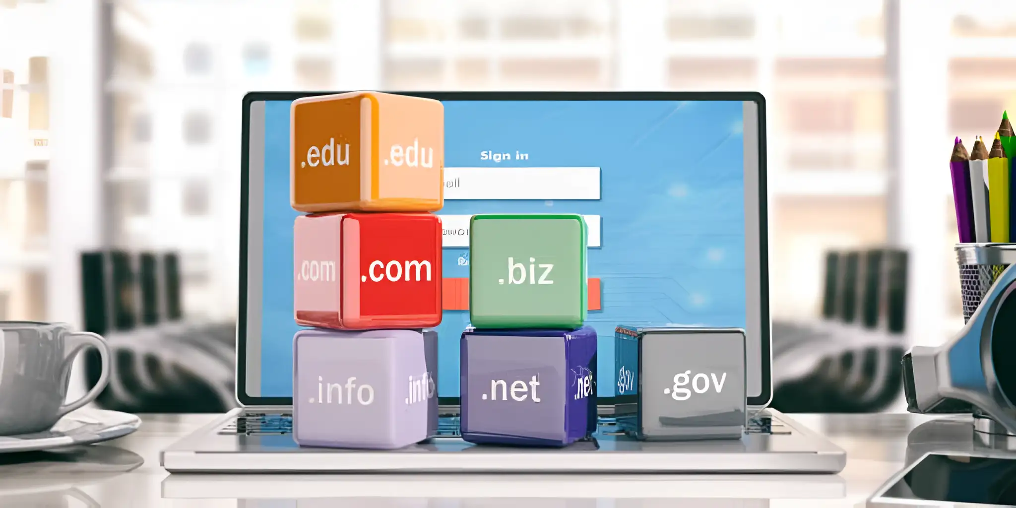 multiple domain name website suffix building blocks are placed on the computer