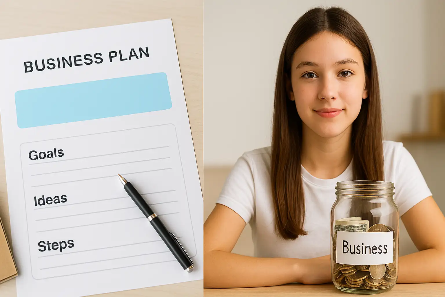 A simple business plan and savings jar, essential first steps for a teen starting a business. A simple business plan and savings jar, essential first steps for a teen starting a business.
