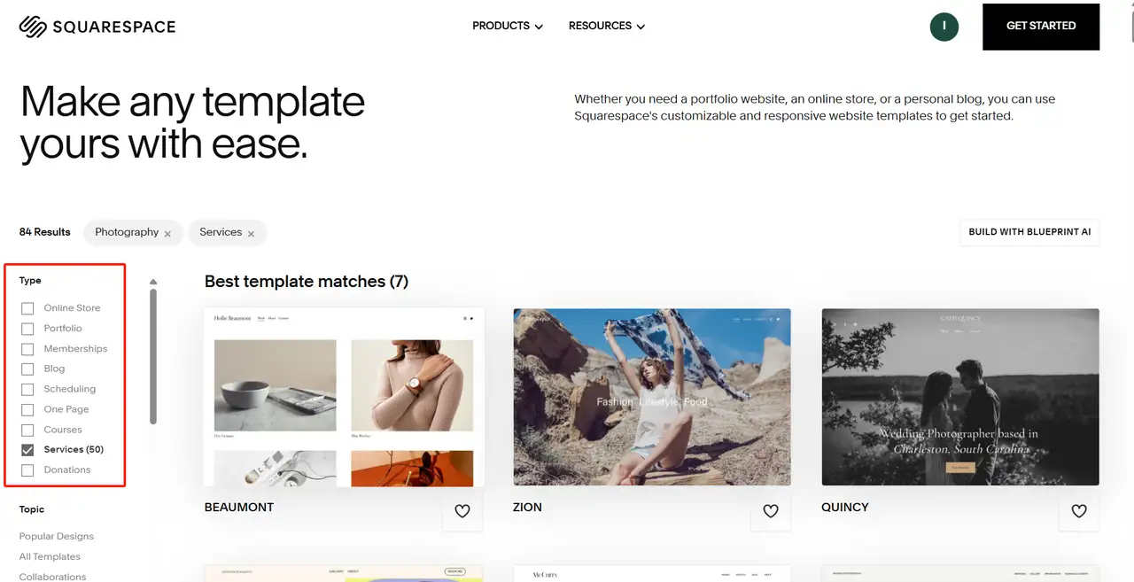 choose a template on squarespace