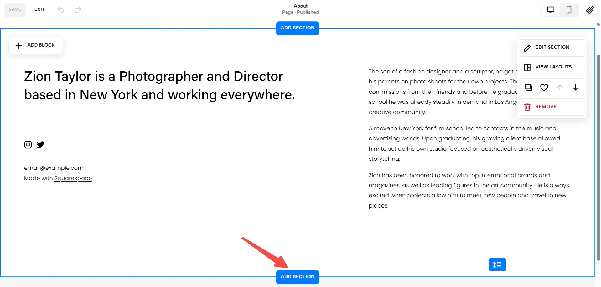 add sections on squarespace