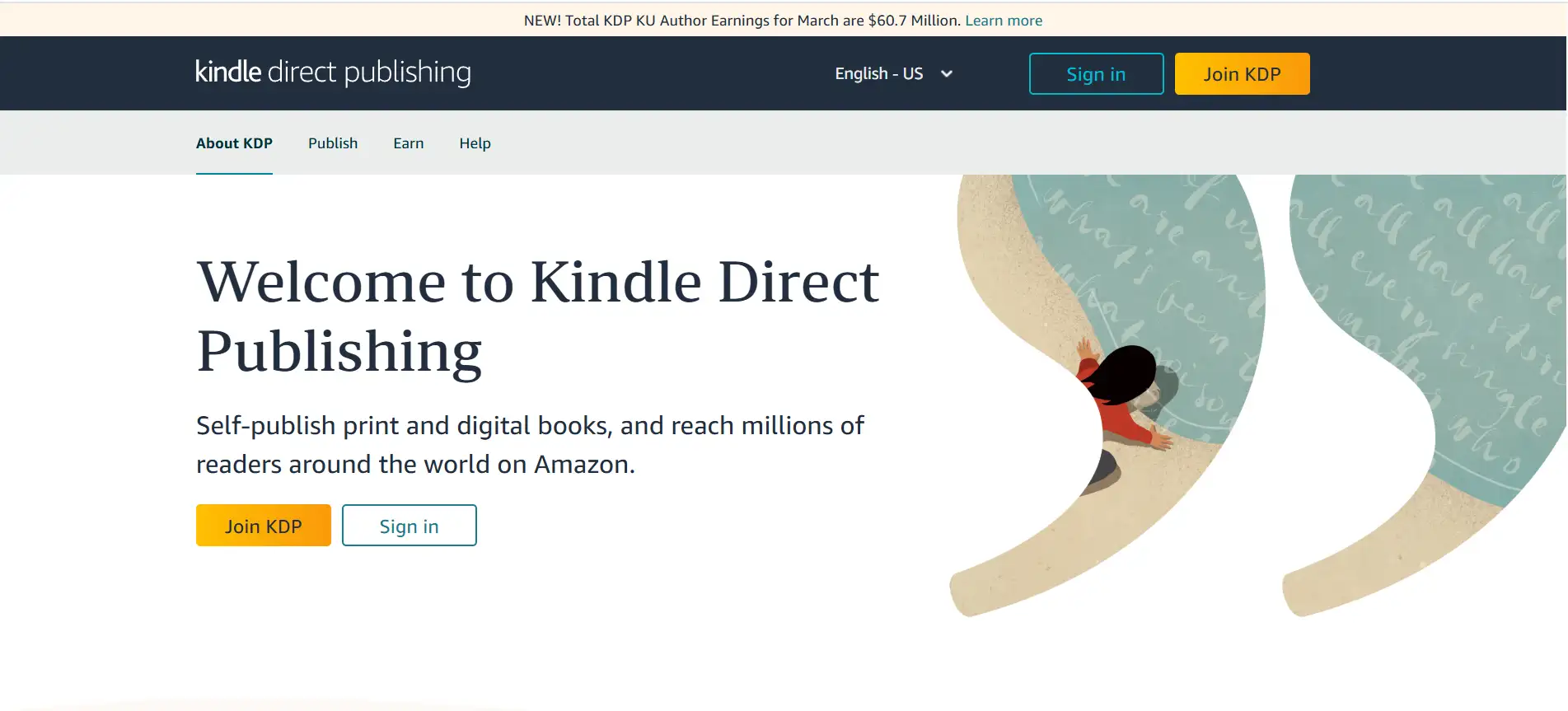 Homepage of Amazon Kindle Direct Publishing