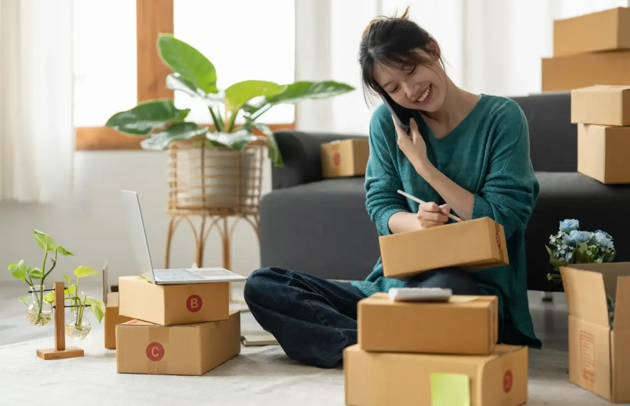 girl shopping online and receiving packages