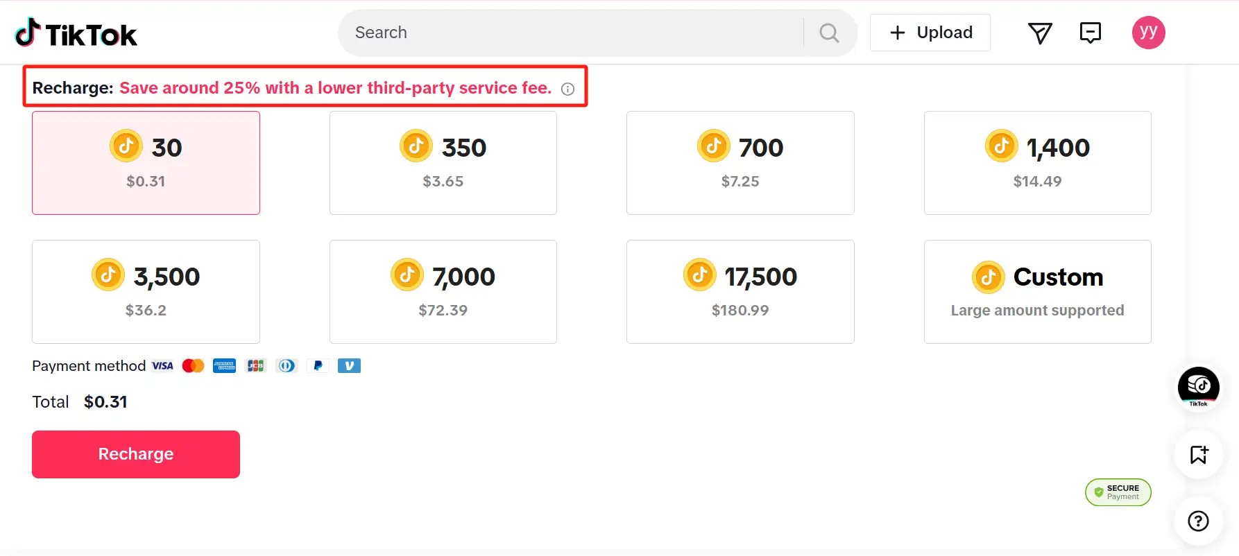 TikTok coin recharge, highlighting service fee savings.