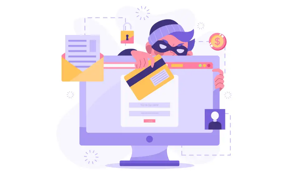 A hacker steals payment data behind the computer screen.