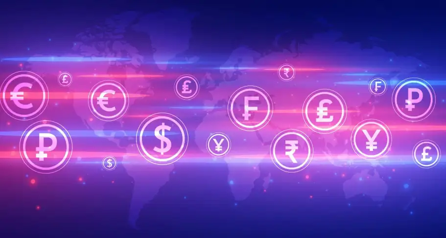 Global currency symbols over a world map.