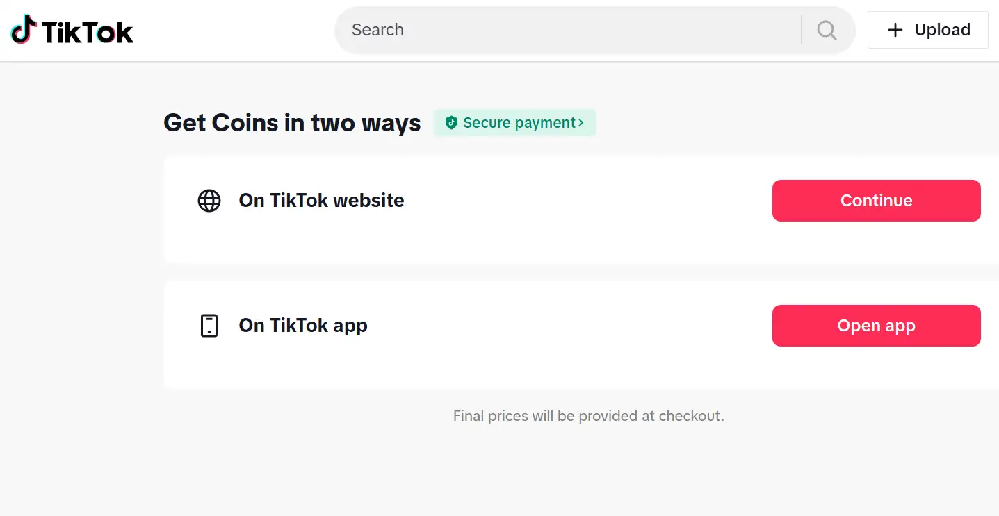 TikTok "Get Coins" options on the website and app.