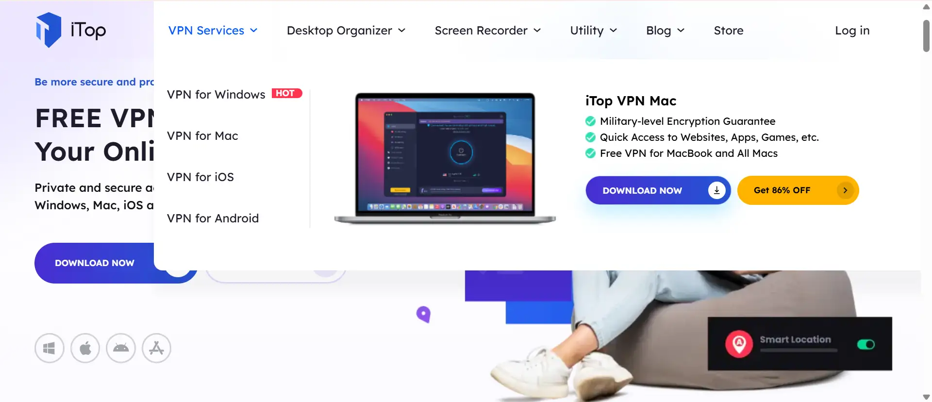 iTop VPN homepage displaying VPN service features. iTop VPN homepage displaying VPN service features.