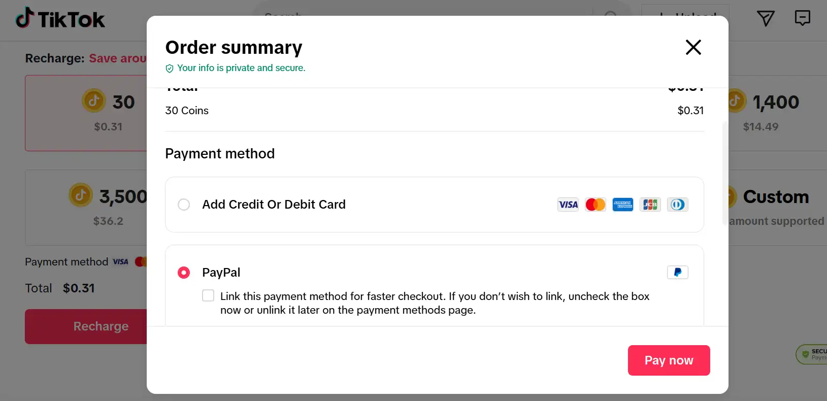 TikTok coin order summary and payment methods. TikTok coin order summary and payment methods.