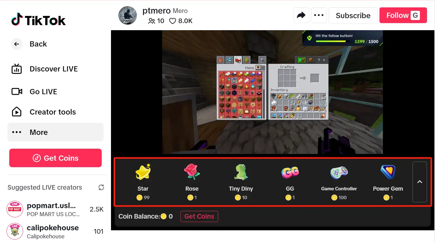 TikTok LIVE with gift options highlighted.