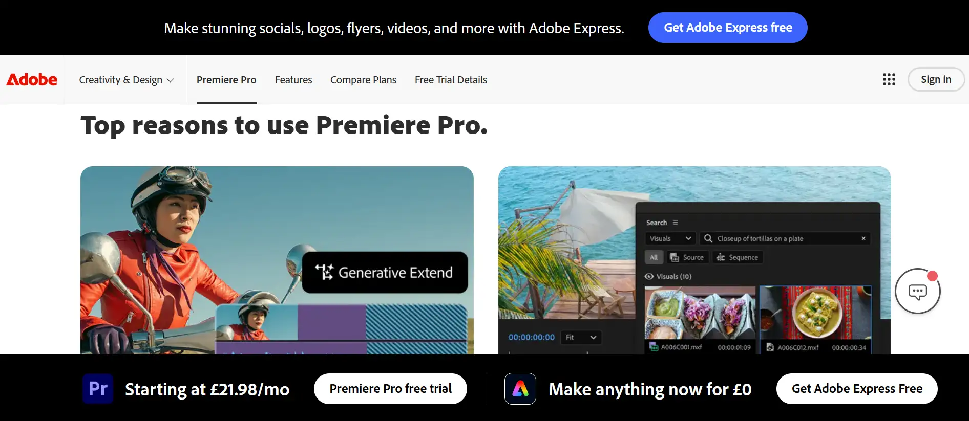 Adobe Premiere Pro's homepage