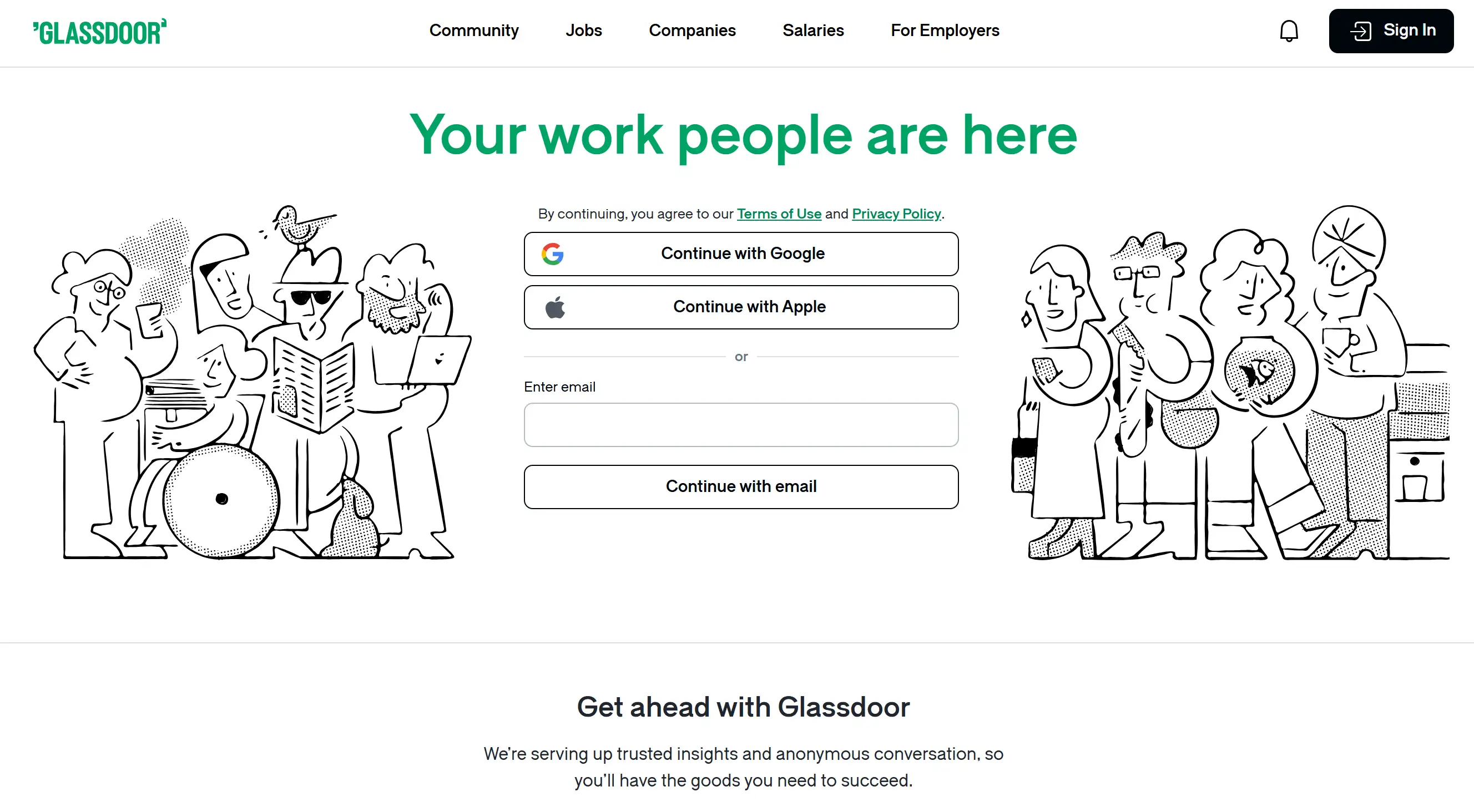 Homepage of Glassdoor