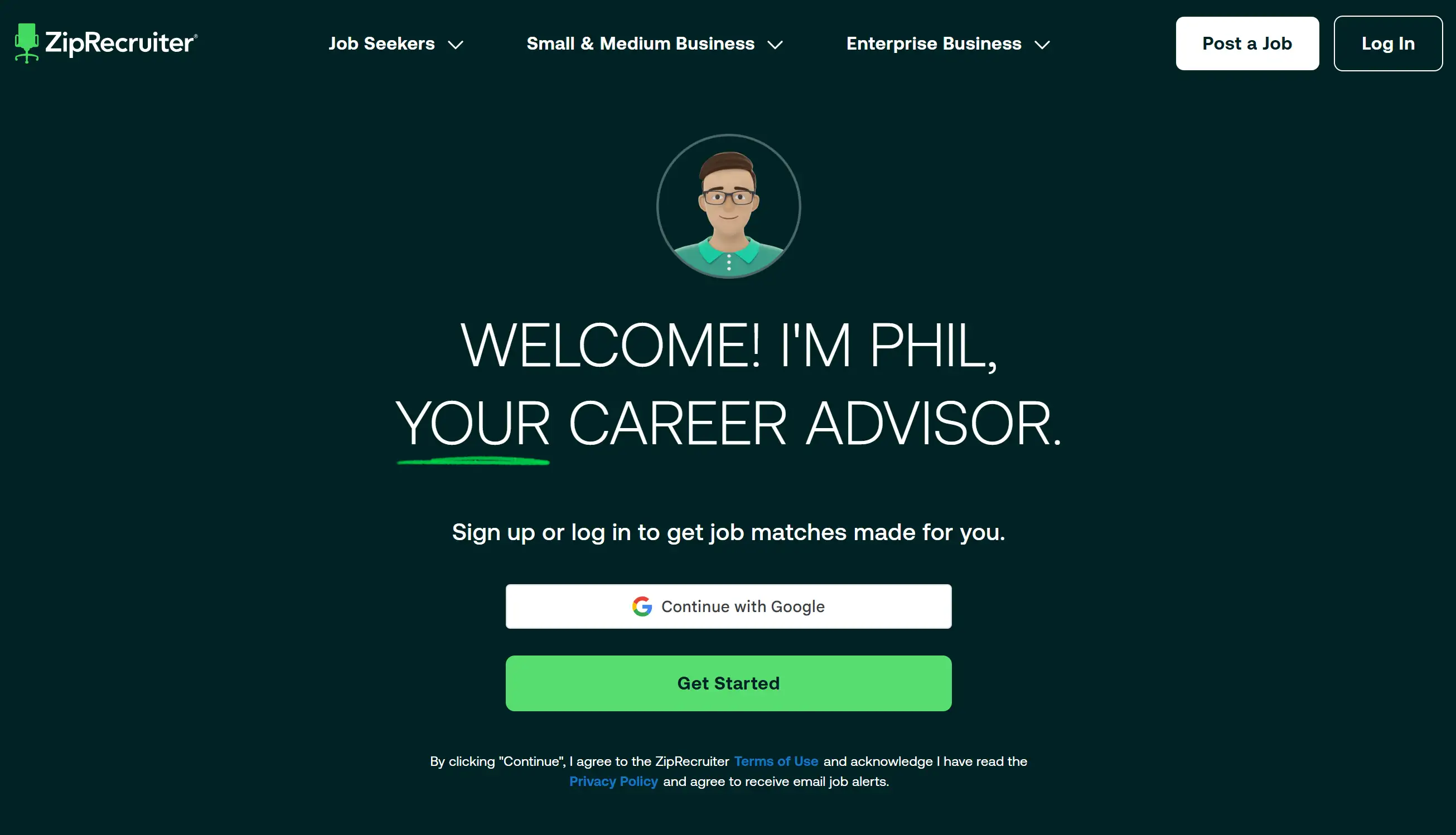 Homepage of ZipRecruiter