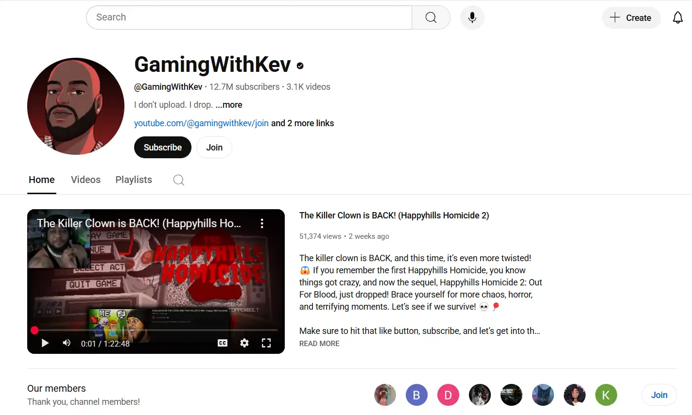 youtube page of gamingwithkev
