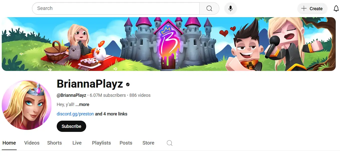 youtube page of briannaplayz