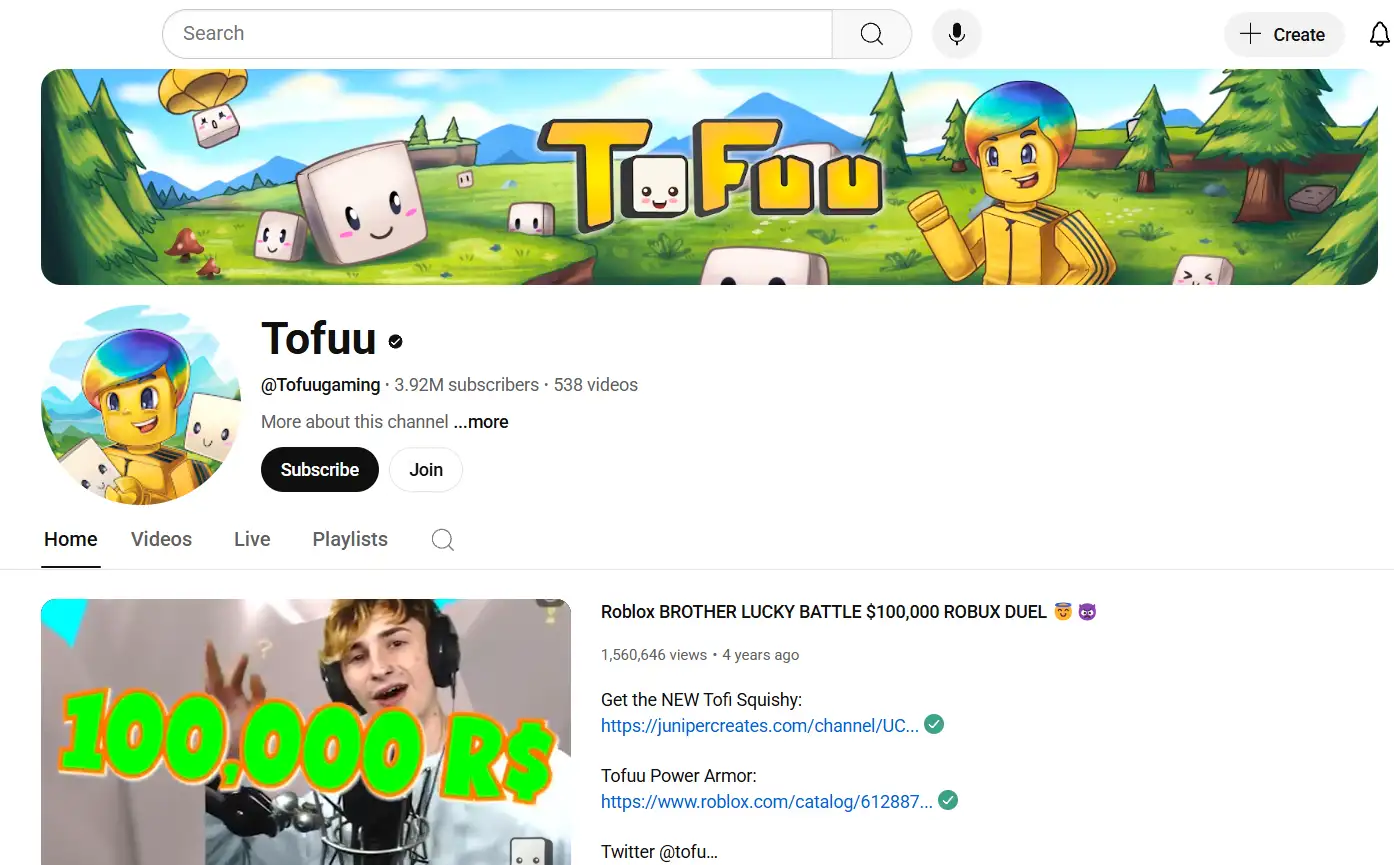 youtube page of tofuu