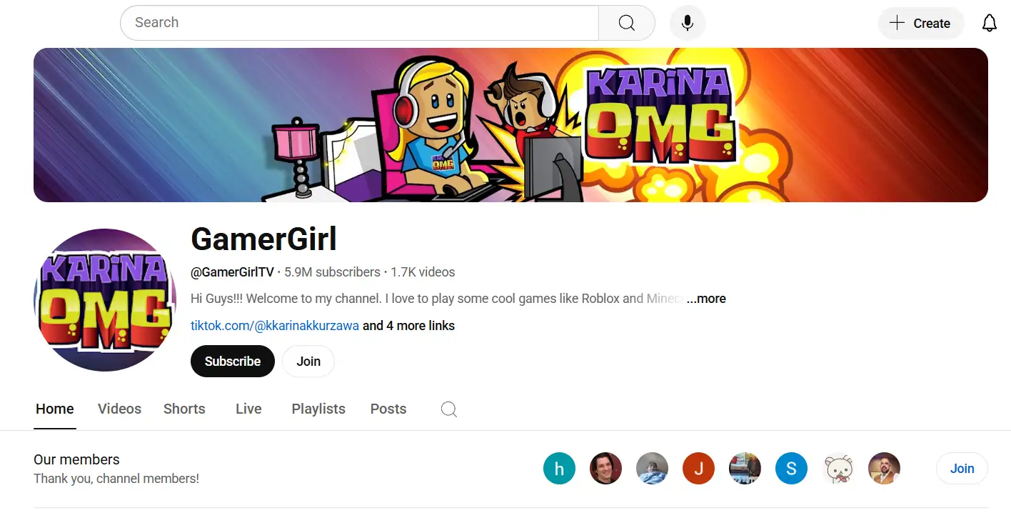 youtube page of gamergirl