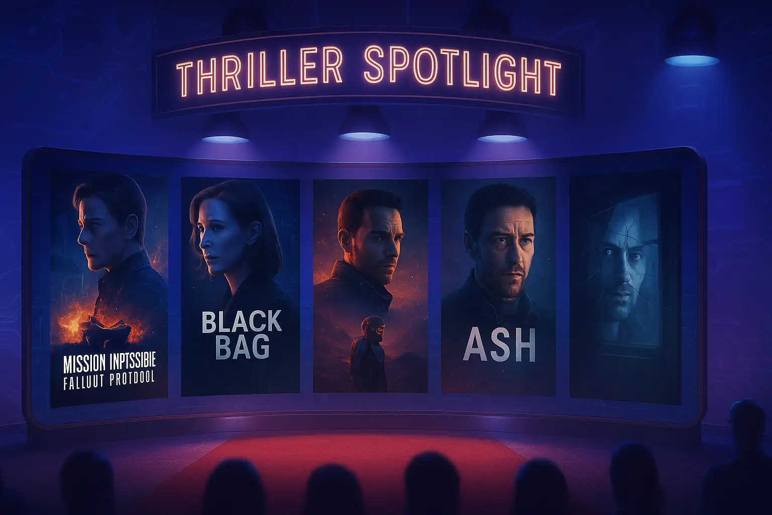 Stylized movie spotlight with posters from 2025's most anticipated thrillers like Mission: Impossible and Black Bag