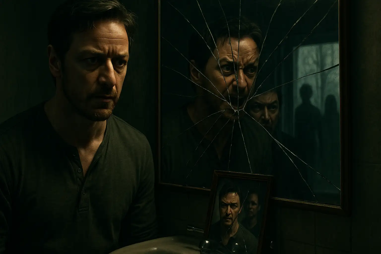 James McAvoy’s tense expression during a chilling family vacation in this psychological horror-thriller