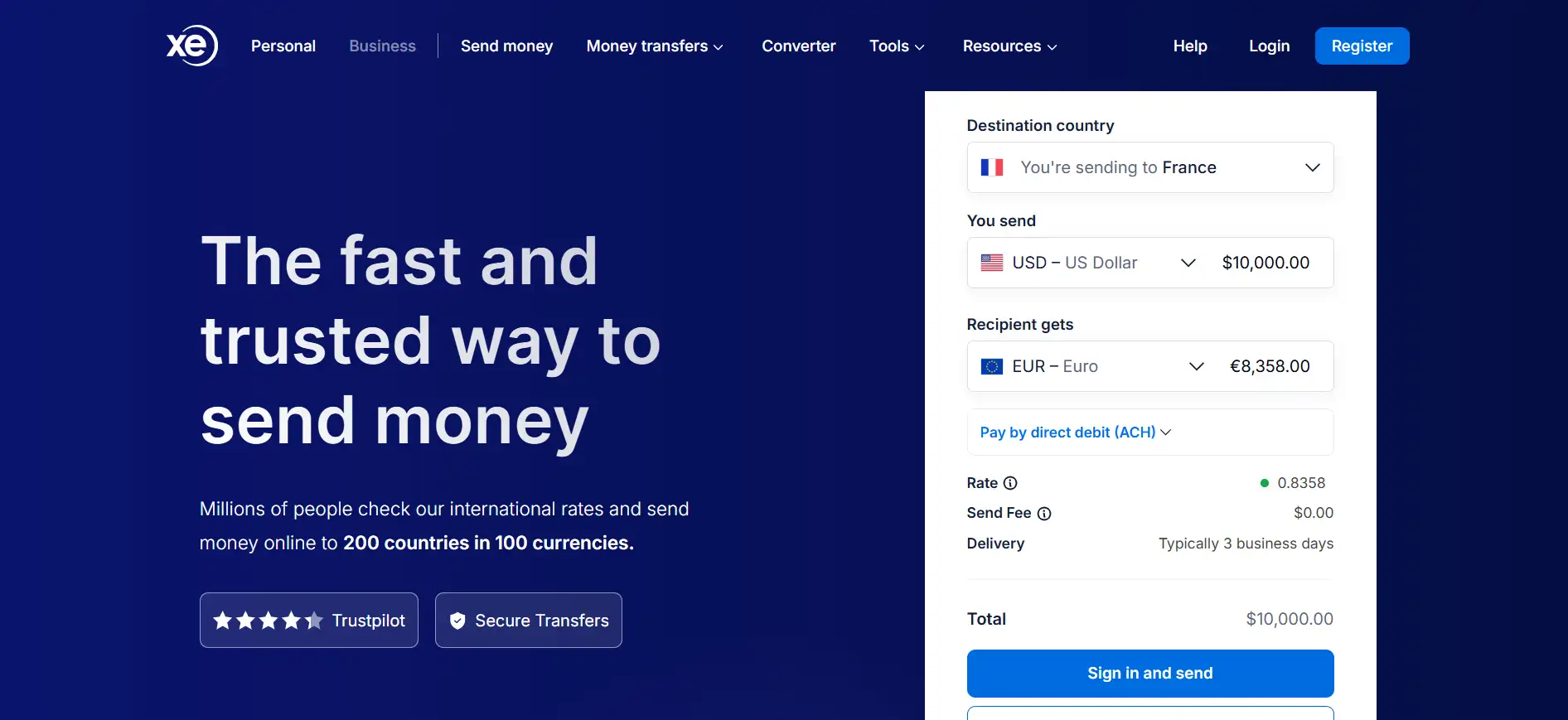 xe money transfer web page