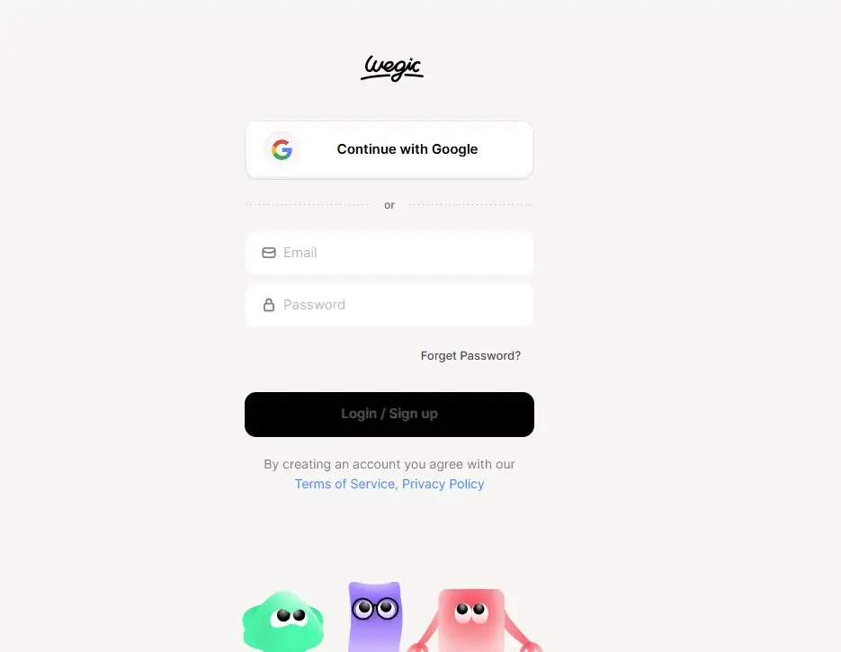 sign up or log in on wegic