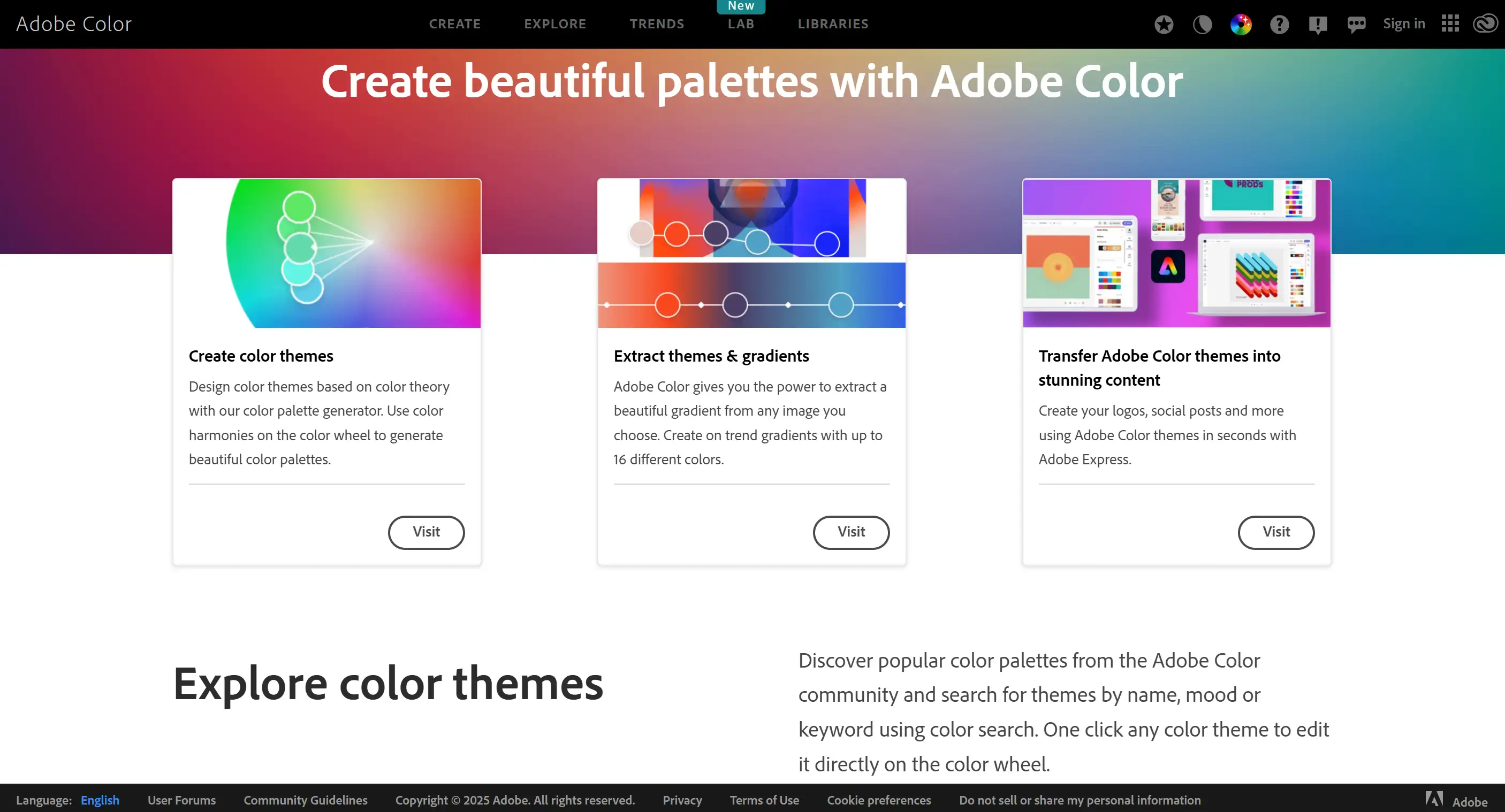 Homepage of Adobe Colour