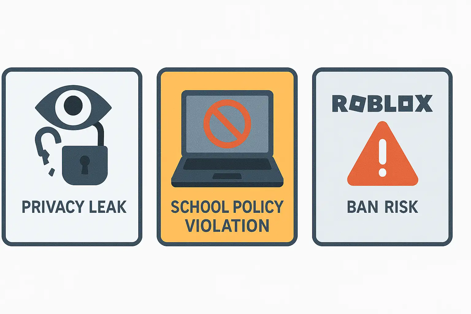 Infographic showing risks of free VPNs and proxy servers: privacy leaks, school policy violations, and account ban warnings. Infographic showing risks of free VPNs and proxy servers: privacy leaks, school policy violations, and account ban warnings.