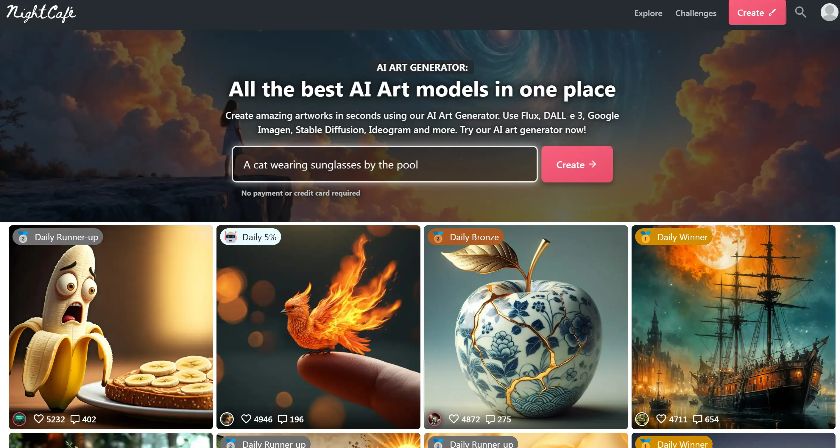 NightCafe AI's homepage