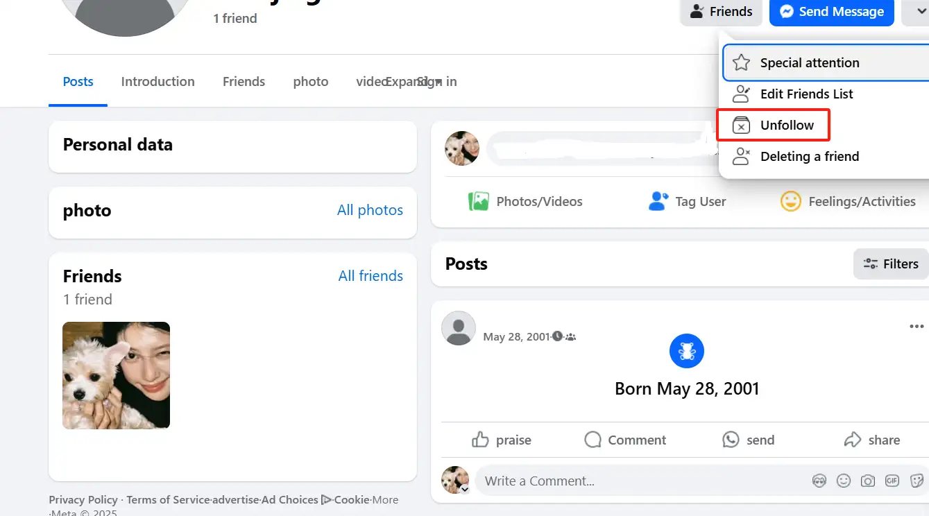 Unfollow button on facebook