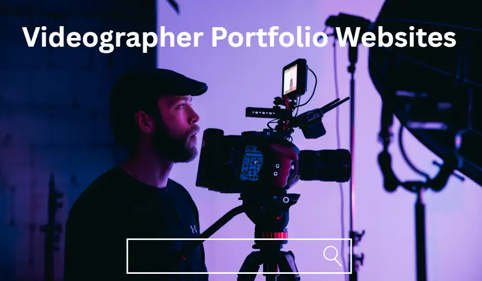 A videographer looking at a camera with a search bar at the middle bottom of the page