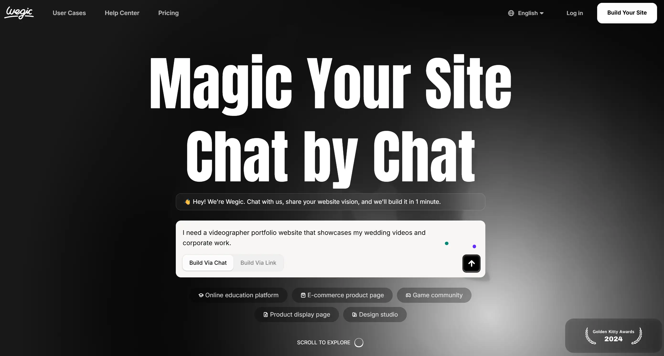 Chat with Wegic AI through its dialogue box to build a videographer portfolio website