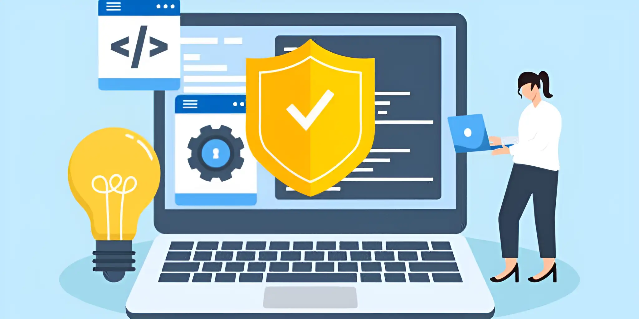 a woman holding a computer checking security a woman holding a computer checking security