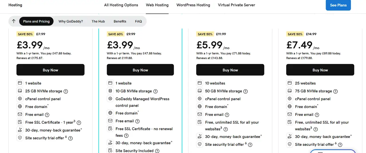 hosting services plans in godaddy