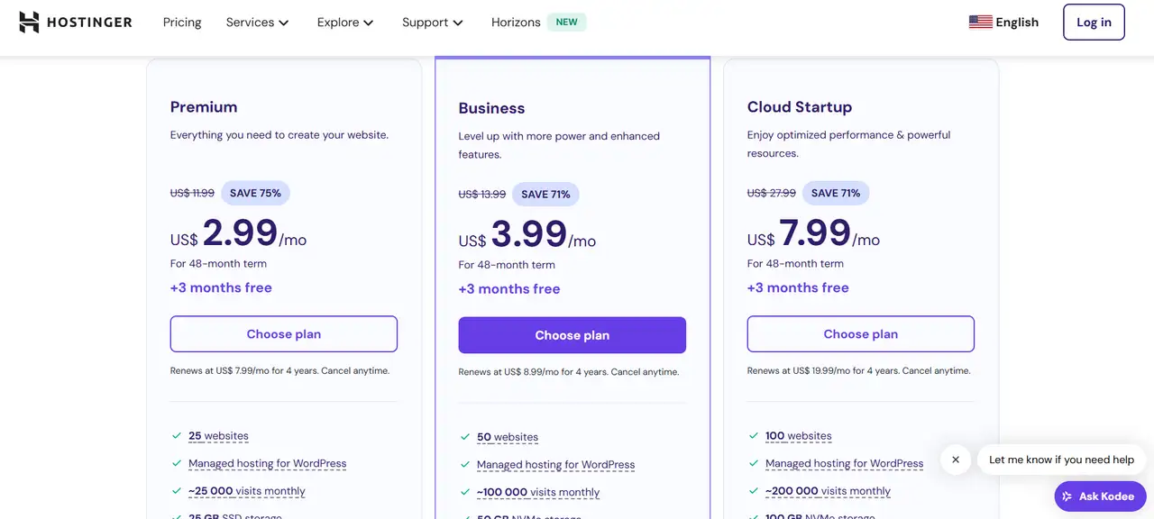 hosting services plans in hostinger