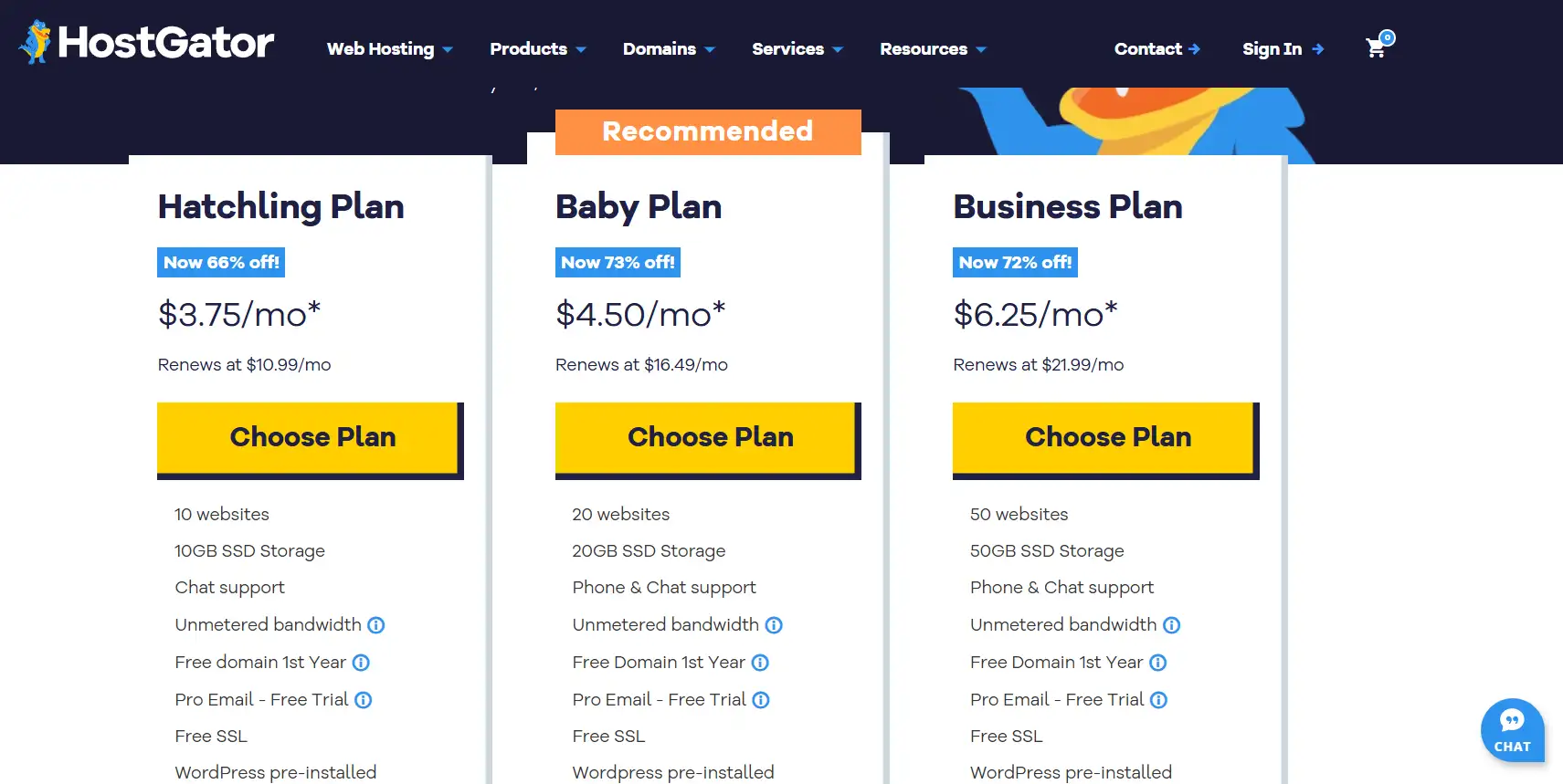 hosting services plans in hostgator