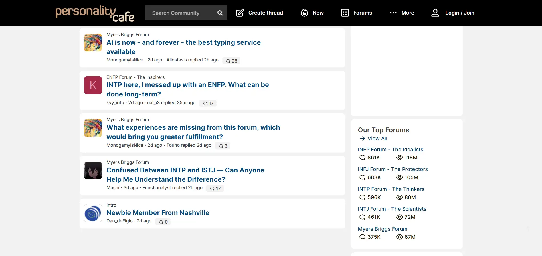 Homepage of Personality Cafe