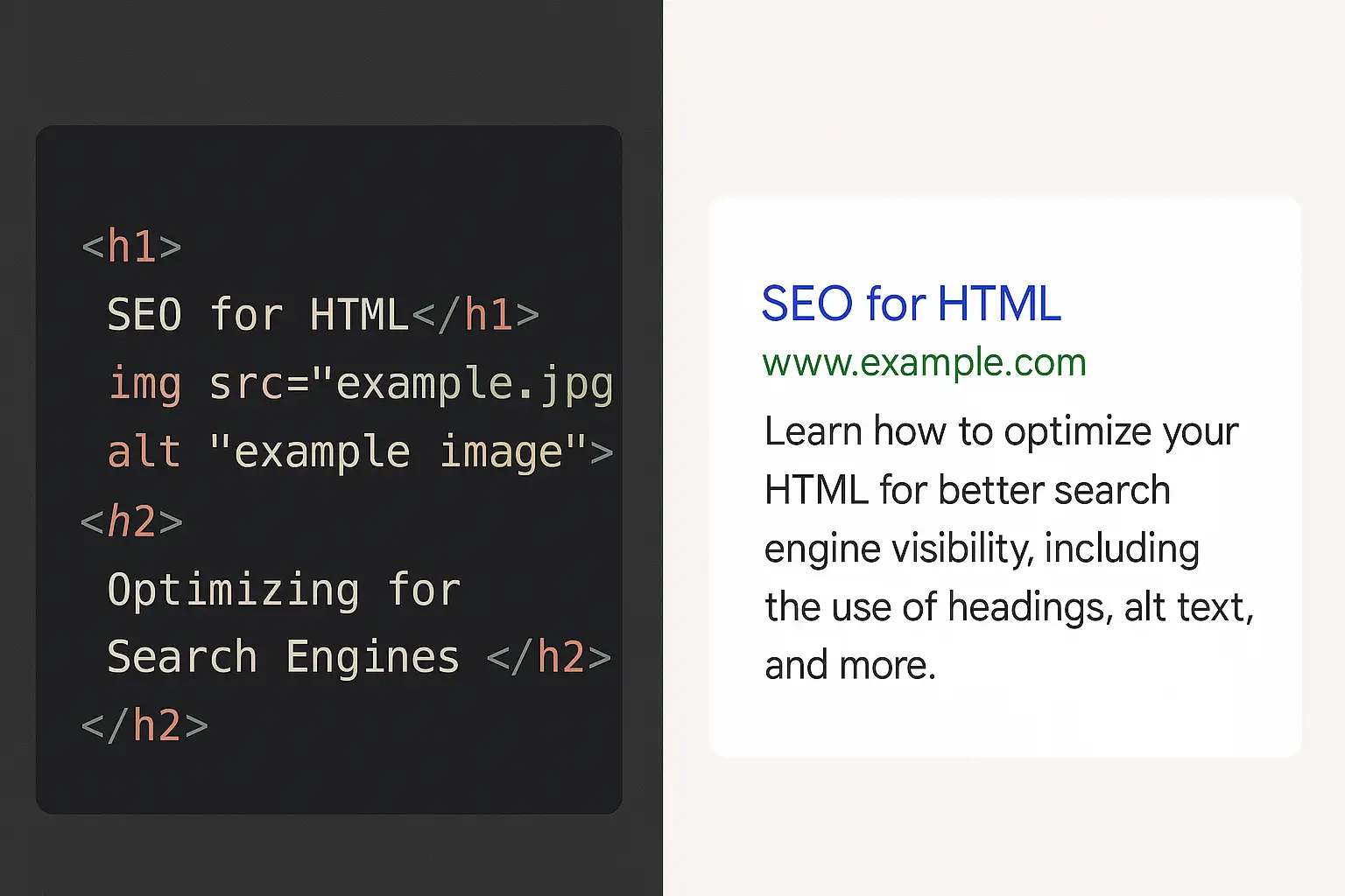 Comparison of HTML code with alt text and headings, alongside a search engine results page displaying an optimized title and meta description for SEO for HTML. Comparison of HTML code with alt text and headings, alongside a search engine results page displaying an optimized title and meta description for SEO for HTML.