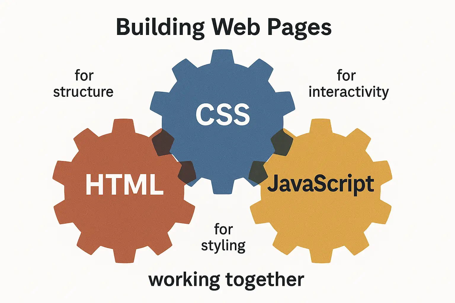 An infographic illustrating HTML for structure, CSS for styling, and JavaScript for interactivity working together to build web pages. An infographic illustrating HTML for structure, CSS for styling, and JavaScript for interactivity working together to build web pages.