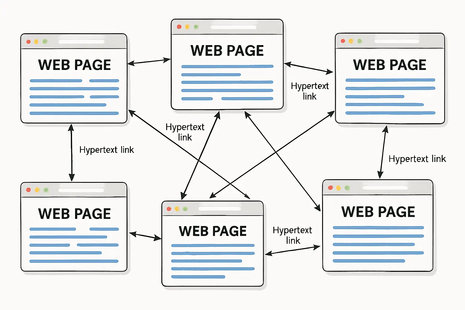 Diagram showing hypertext links connecting different web pages, forming a web of information. Diagram showing hypertext links connecting different web pages, forming a web of information.