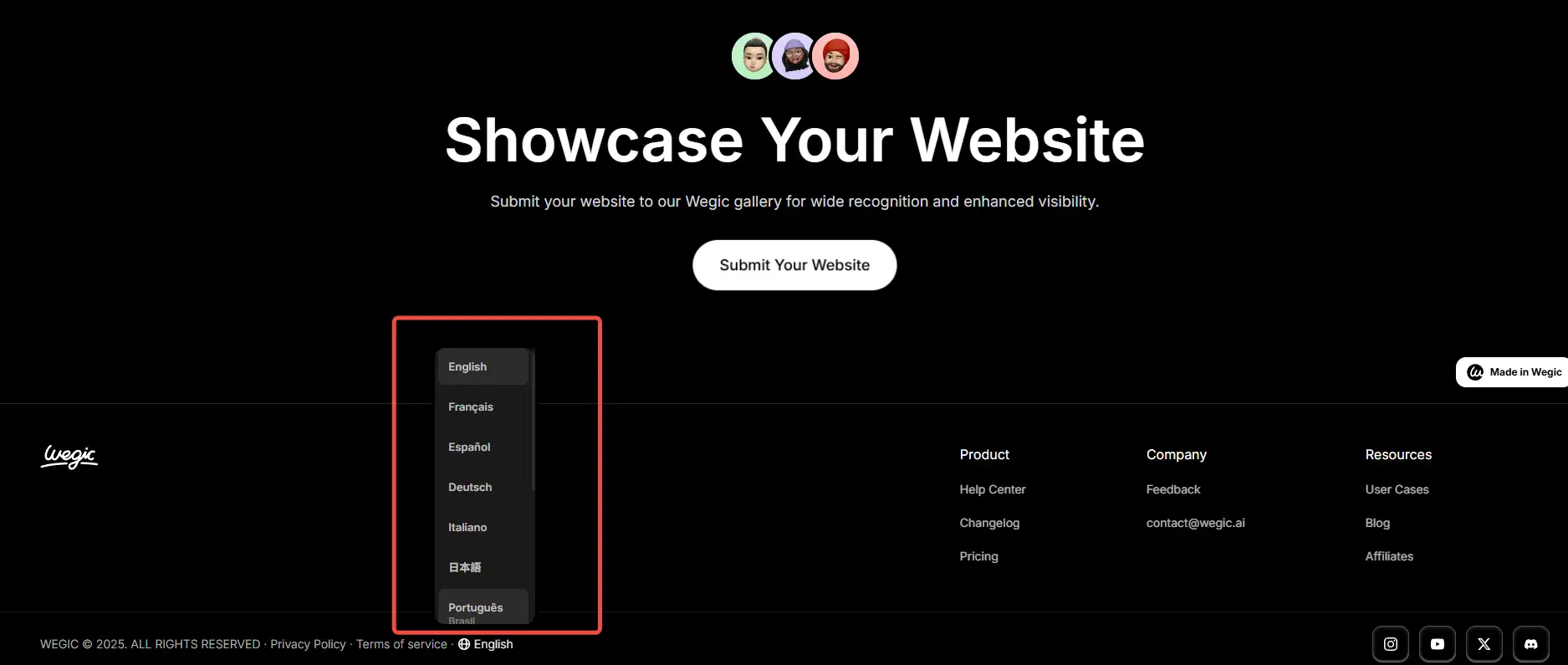 multilingual switch button on website footer