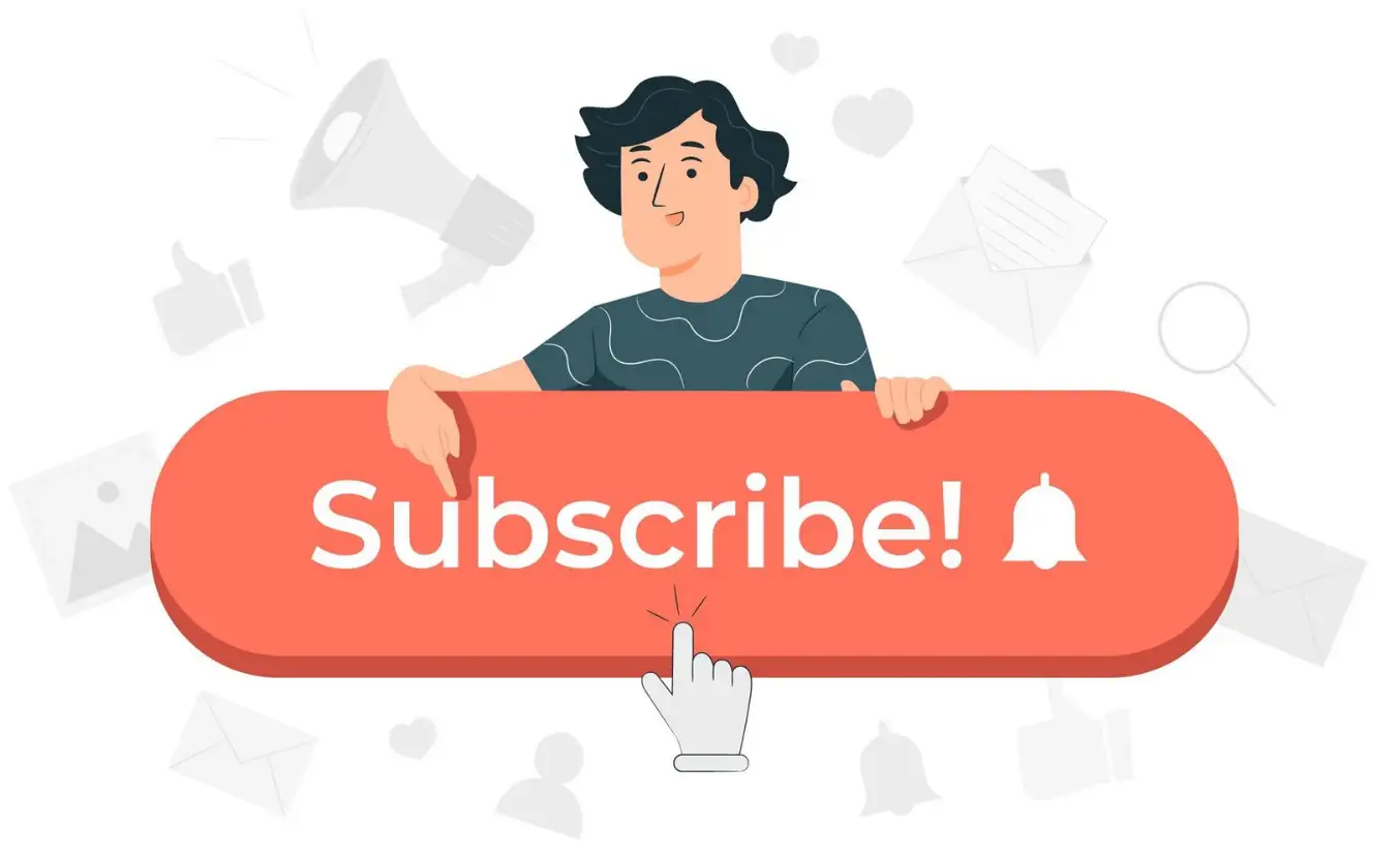 A man pointing at the word subscribe on a red bubble
